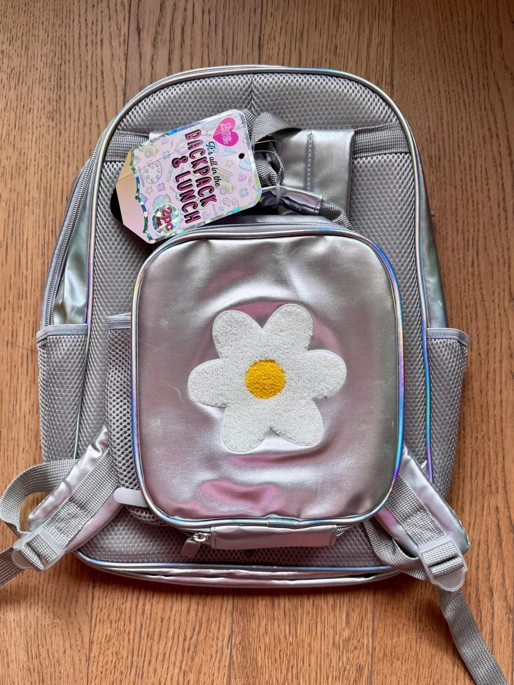 Iridescent Silver Girls Backpack with Daisy Appliqués
